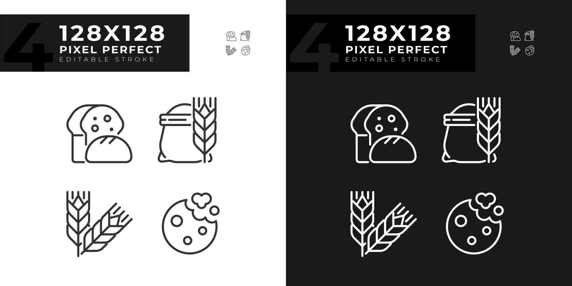 Bäckerei und Brot Pixel perfekt linear Symbole einstellen zum dunkel, Licht Modus. frisch gebacken Waren. Weizen Produkte. ganze Getreide. dünn Linie Symbole zum Nacht, Tag Thema. isoliert Illustrationen. editierbar Schlaganfall vektor