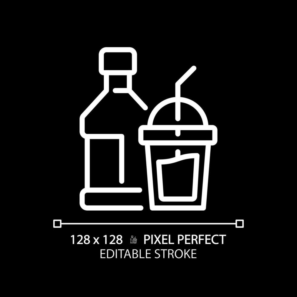 dryck pixel perfekt vit linjär ikon för mörk tema. mjuk dryck. glas flaska. cocktail fest. produkt kategori. tunn linje illustration. isolerat symbol för natt läge. redigerbar stroke vektor