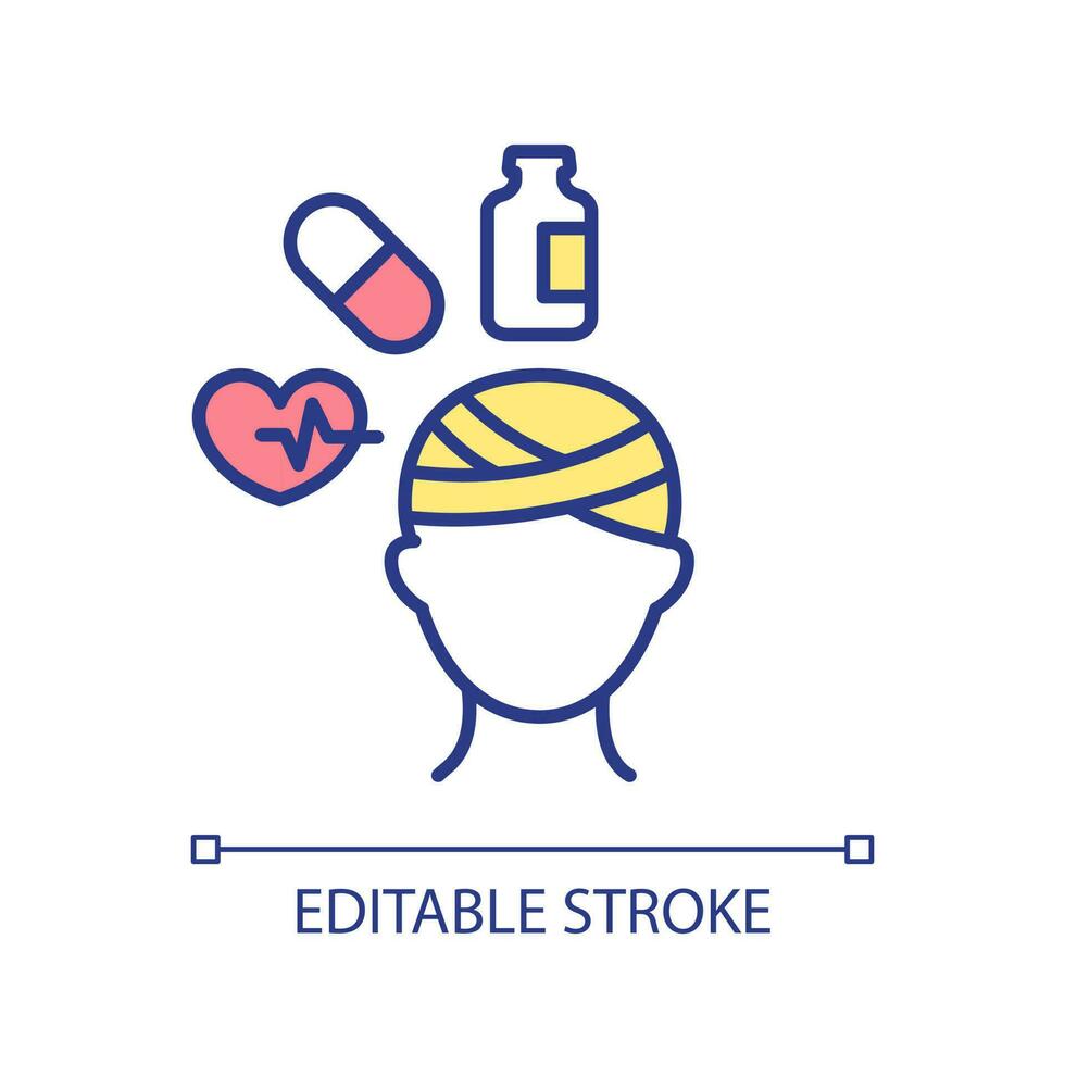 Kopf Trauma Behandlung rgb Farbe Symbol. Medikation zum verletzt geduldig. stark Kopfschmerzen Behandlung. medizinisch Heilmittel zum Schmerz. isoliert Vektor Illustration. einfach gefüllt Linie Zeichnung. editierbar Schlaganfall
