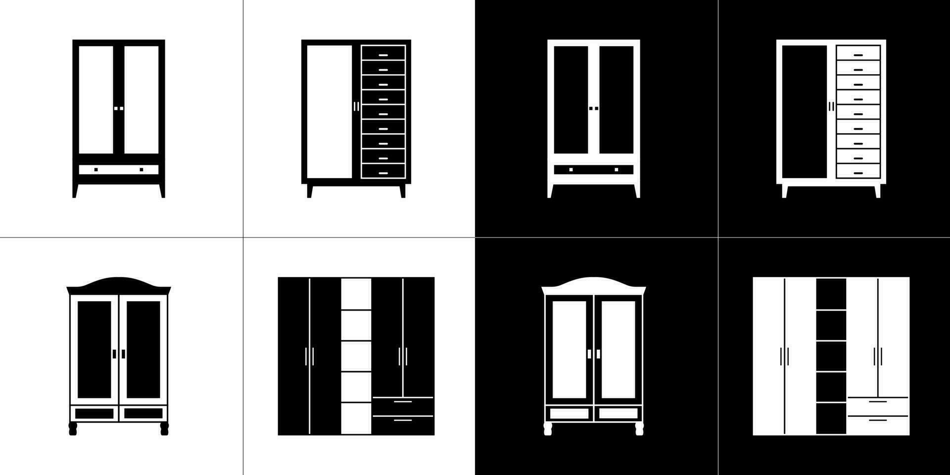 Kleiderschrank Symbole Satz. isoliert auf schwarz und Weiß Hintergrund. Vektor Illustration