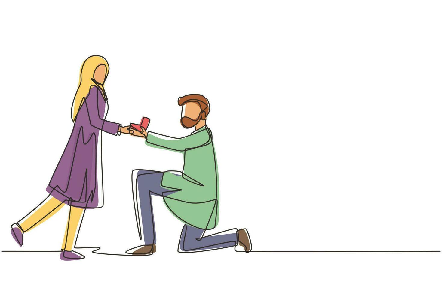 einzelne eine Strichzeichnung arabischer Mann, der seiner Freundin einen Verlobungsring anbietet. junger Mann auf Knien, der Mädchen vorschlägt, zu heiraten. Heiratsantrag Konzept. Design-Grafikvektor mit kontinuierlicher Linie vektor