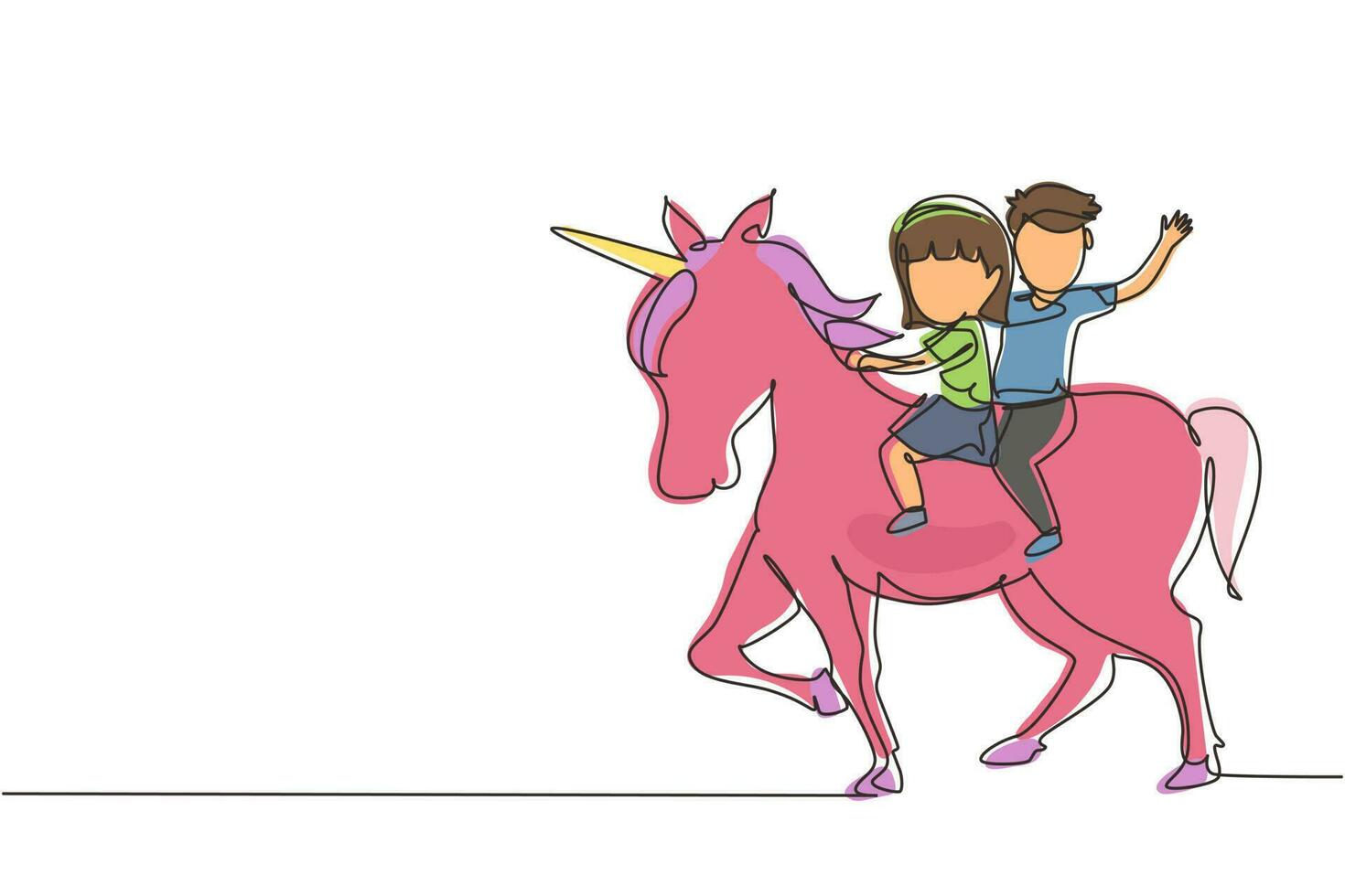 enda kontinuerlig linje ritning glad söt pojke och flicka rider söt enhörning tillsammans. barn sitter på ryggen enhörning i saga dröm. barn som lär sig rida enhörning. en rad rita grafisk vektor