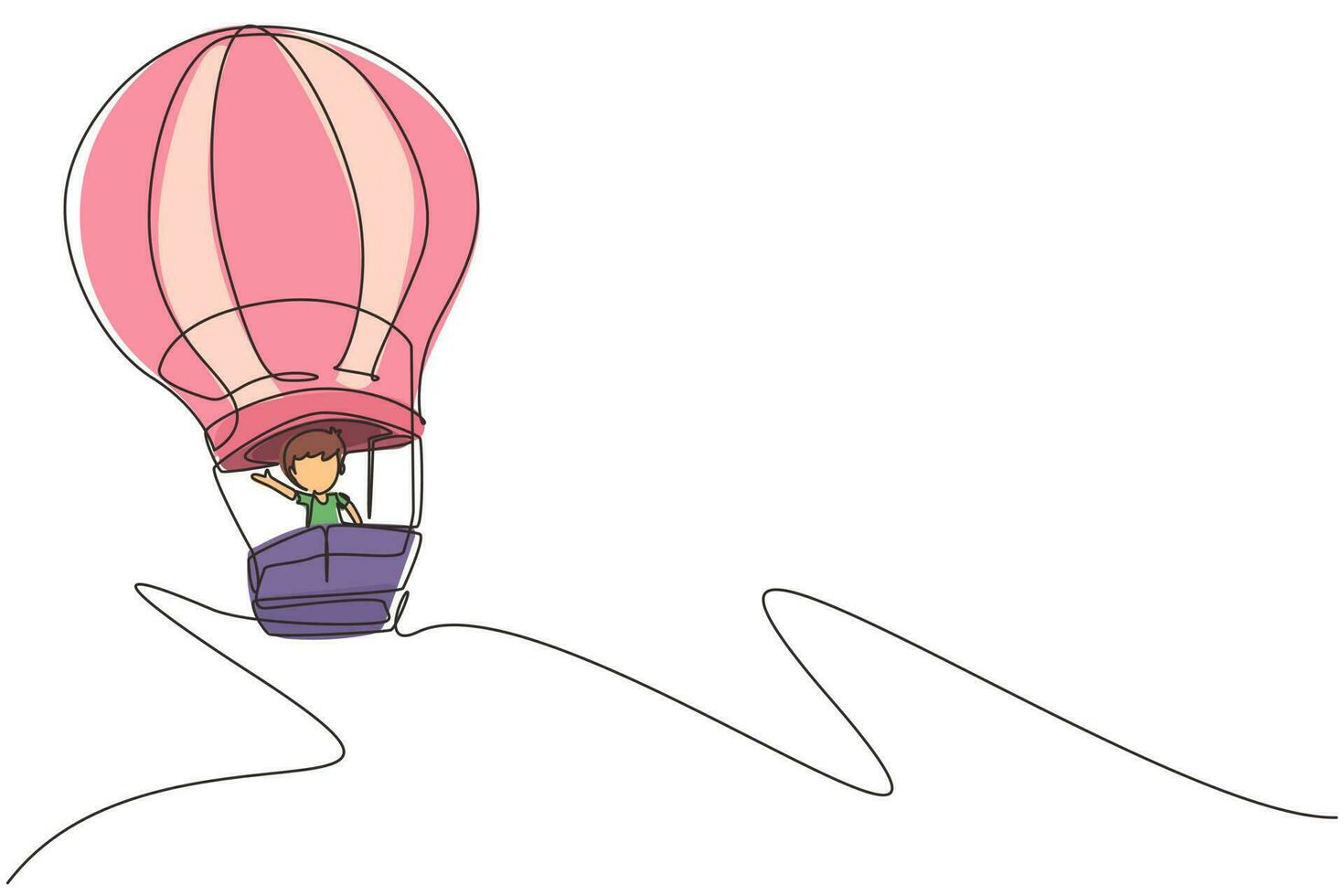einzelne eine linie, die kleinen jungen aeronauten im heißluftballon am himmel zeichnet. glückliche kinder, die heißluftballon fahren. Kinder auf Heißluftballon-Abenteuer. ununterbrochene Linie zeichnen grafische Vektorillustration des Designs vektor