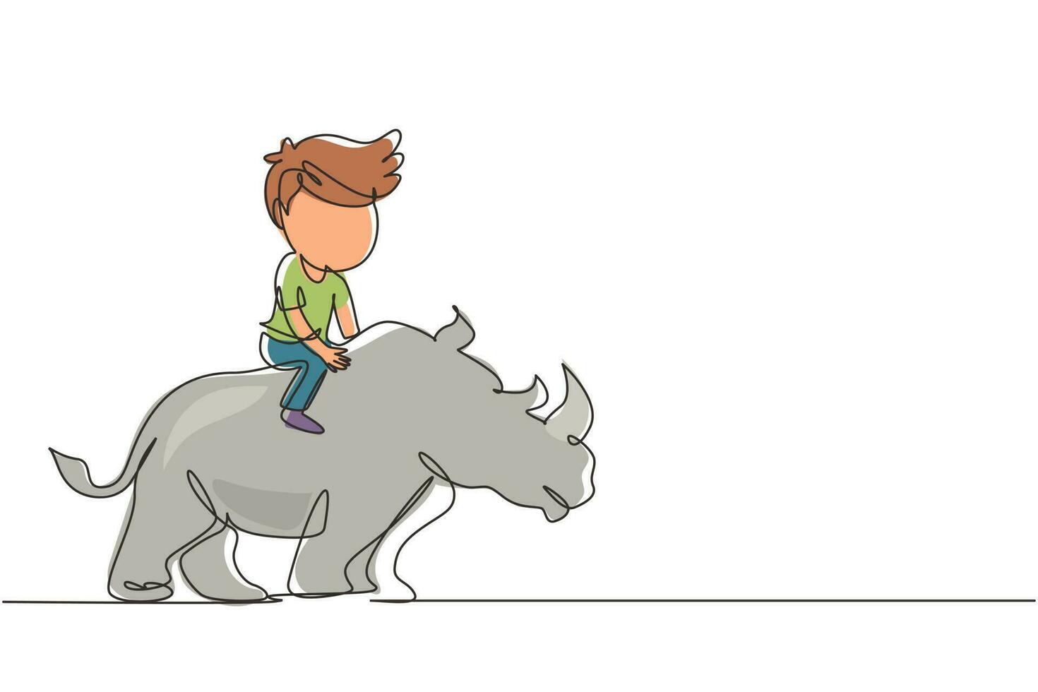 einzelne eine Strichzeichnung glücklicher Junge, der Nashorn reitet. Kind sitzt auf Rücken Nashorn im Zoo. Kinder lernen, Nashorn zu reiten. moderne grafische vektorillustration des ununterbrochenen zeichnendesigns vektor