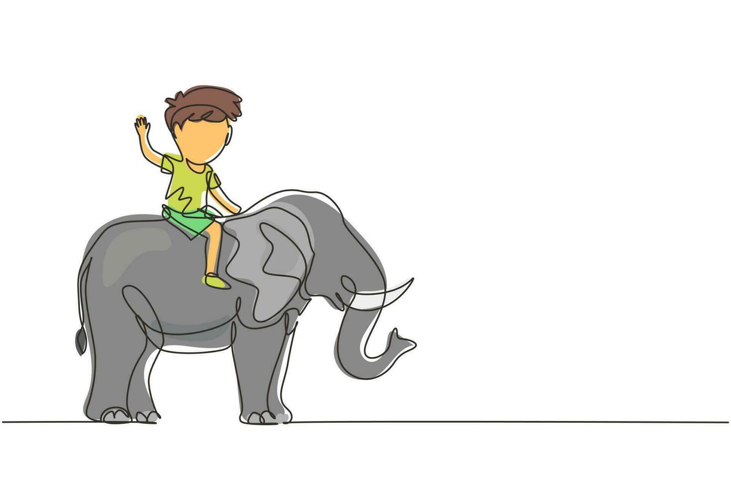 einzelne linie, die einen glücklichen kleinen jungen, der auf einem elefanten reitet, zeichnet. Kind sitzt auf Rückenelefant und reist. Kinder lernen, Elefanten zu reiten. moderne grafische vektorillustration des ununterbrochenen zeichnendesigns vektor