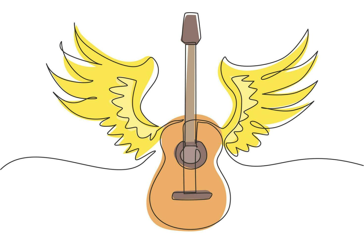 einzelne einstrichzeichnung stilisierte akustikgitarre mit engelsflügeln. Schwarz-Weiß-Illustration Musikinstrument. Rock Konzert. Musikalisches Emblem. moderner grafischer Vektor des ununterbrochenen Strichzeichnungsdesigns