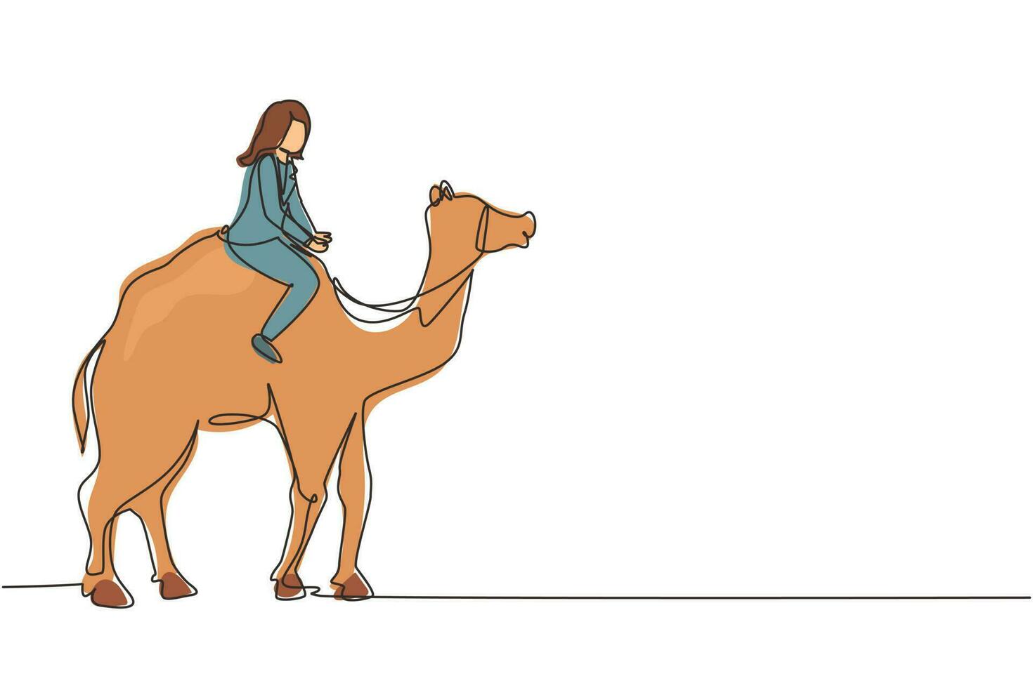 kontinuerlig en rad ritning arabisk affärskvinna rider kamel. investeringar, hausseartad aktiemarknadshandel, stigande obligationstrend. framgångsrik affärskvinna handlare. en rad rita design vektorgrafik vektor