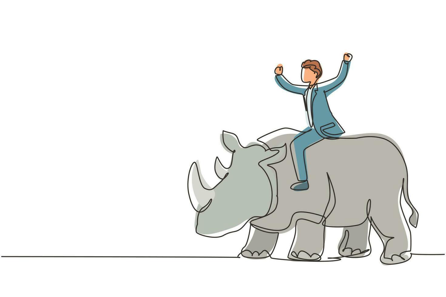 Single einer Linie Zeichnung Geschäftsmann Reiten Nashorn Symbol von Erfolg. Geschäft Metapher Konzept, suchen beim Ziel, Leistung, Führung. kontinuierlich Linie zeichnen Design Grafik Vektor Illustration