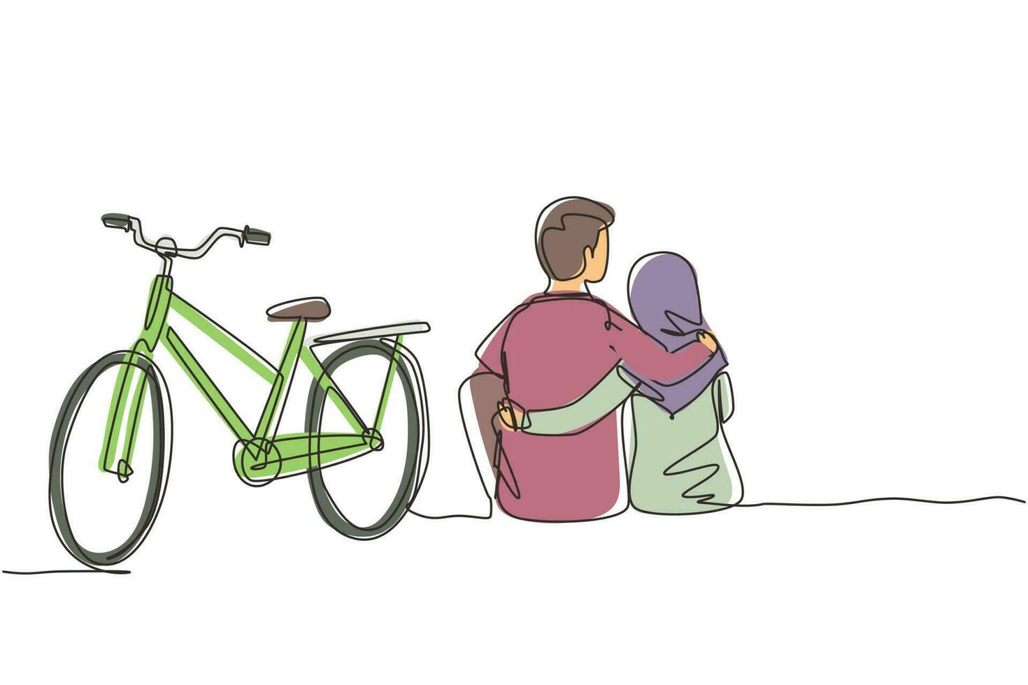 einzelne einzeilige Rückansicht eines romantischen Teenager-Paares, das im Freien mit einem Fahrrad neben ihnen sitzt. arabischer mann und frau verliebt. glückliches Ehepaar. Design-Grafikvektor mit kontinuierlicher Linie vektor