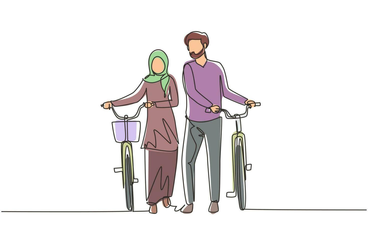 enda kontinuerlig linje ritning cyklister som går längs skogsvägen med sina cyklar på sommardagen. ung arabisk man och kvinna i kärlek. lyckligt romantiskt gift par. en rad rita grafisk design vektor