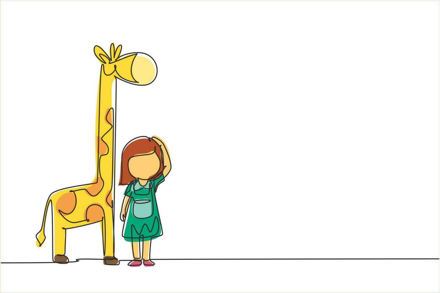 kontinuerlig en rad ritning liten flicka som mäter sin längd med giraff höjd diagram på väggen. barn mäter tillväxt. barn mäta höjd koncept. enda rad rita design vektorgrafisk illustration vektor