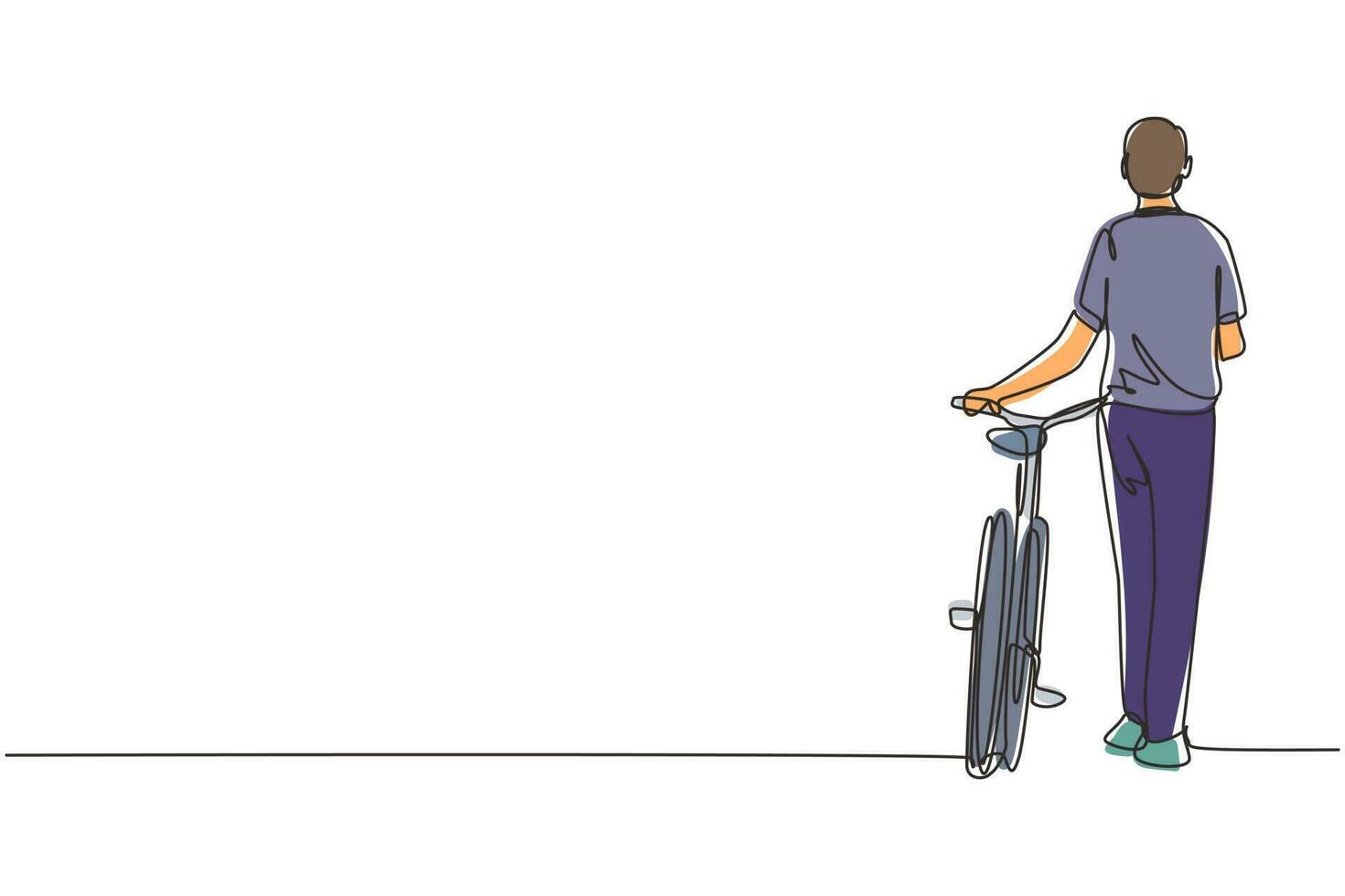 durchgehende einzeilige zeichnung gehender junger mann mit fahrrädern. glücklicher mann macht einen spaziergang mit dem fahrrad auf der stadtstraße. Gesunder Lebensstil der Stadtmenschen. einzeiliges zeichnen design vektorgrafik illustration vektor