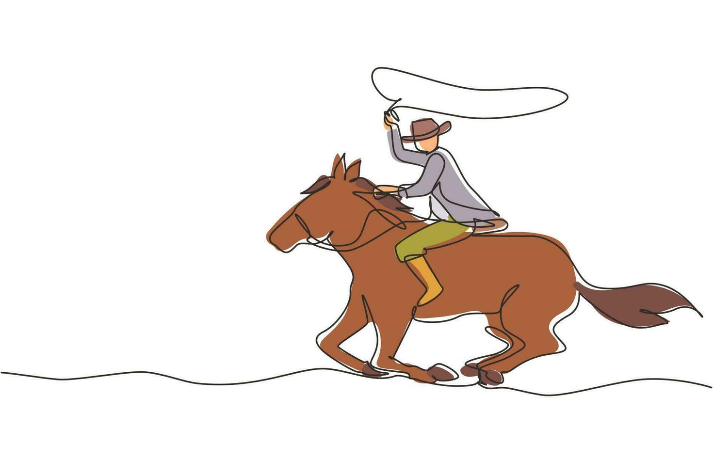 enda kontinuerlig linje ritning cowboy på häst galopperande över dammiga fält. cowboy på häst som springer med lasso. cowboy med rep lasso på häst. en rad grafisk design vektorillustration vektor