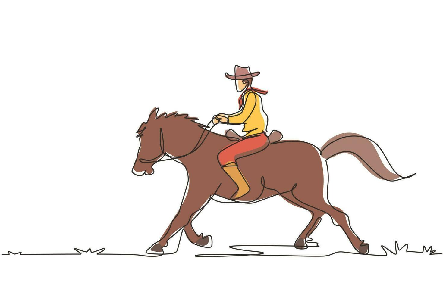 kontinuerlig en rad som ritar vilda västern och öken med cowboy ridhäst. mustang och person utomhus vid solnedgången. cowboy och häst ikon eller logotyp. enda rad rita design vektorgrafisk illustration vektor