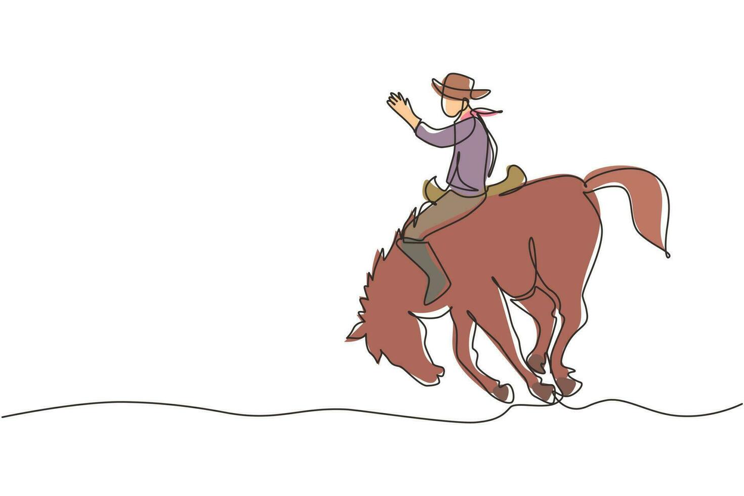 kontinuerlig en rad ritning cowboy ridning bucking bronco vid solnedgången. rodeo cowboy på hästranch. vild hästkapplöpning. cowboy som tämjer vild häst på rodeo. enda rad rita design vektorgrafisk illustration vektor