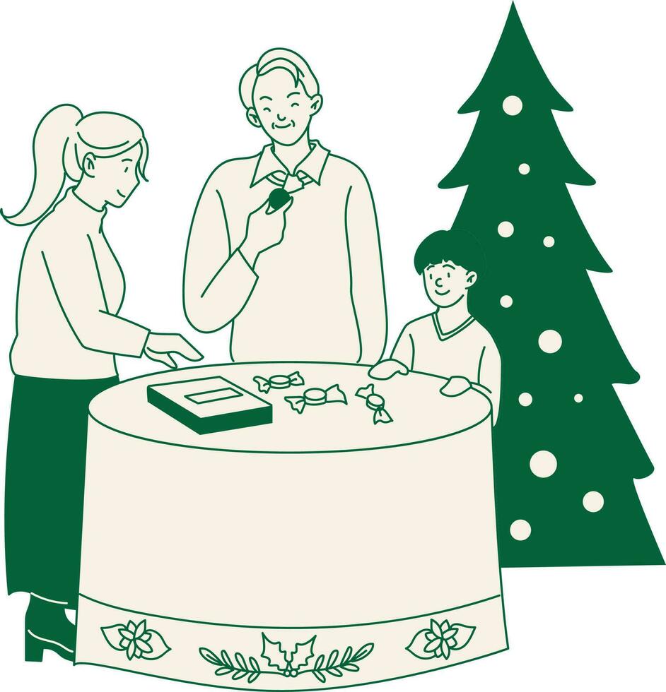 Familie mit Weihnachten Baum und Tabelle isoliert Symbol Vektor Illustration desing