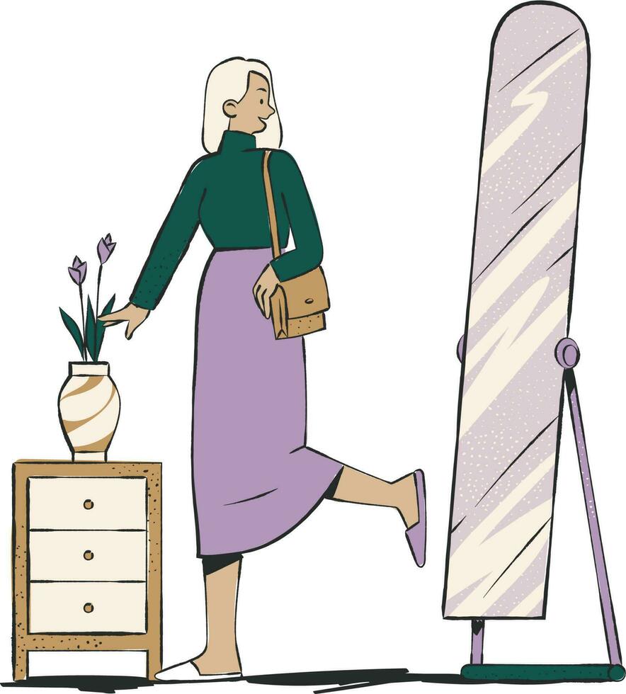 vektor illustration av en kvinna i främre av de spegel och klä på sig tabell