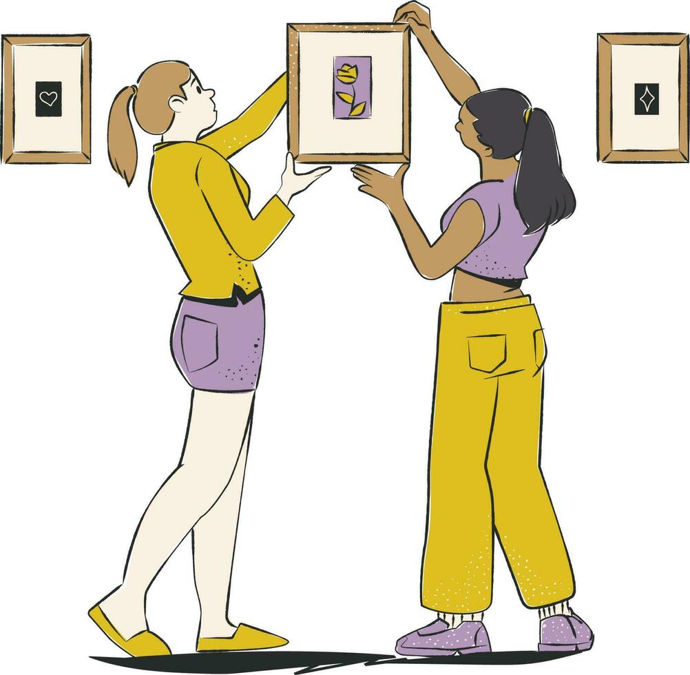 Illustration von ein Paar von Frauen suchen beim Bilder im ein Galerie vektor