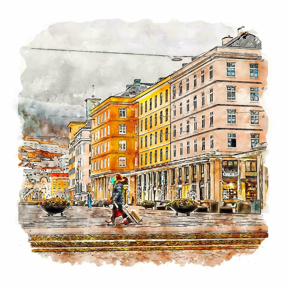 Bergen hordaland vattenfärg skiss hand dragen illustration vektor