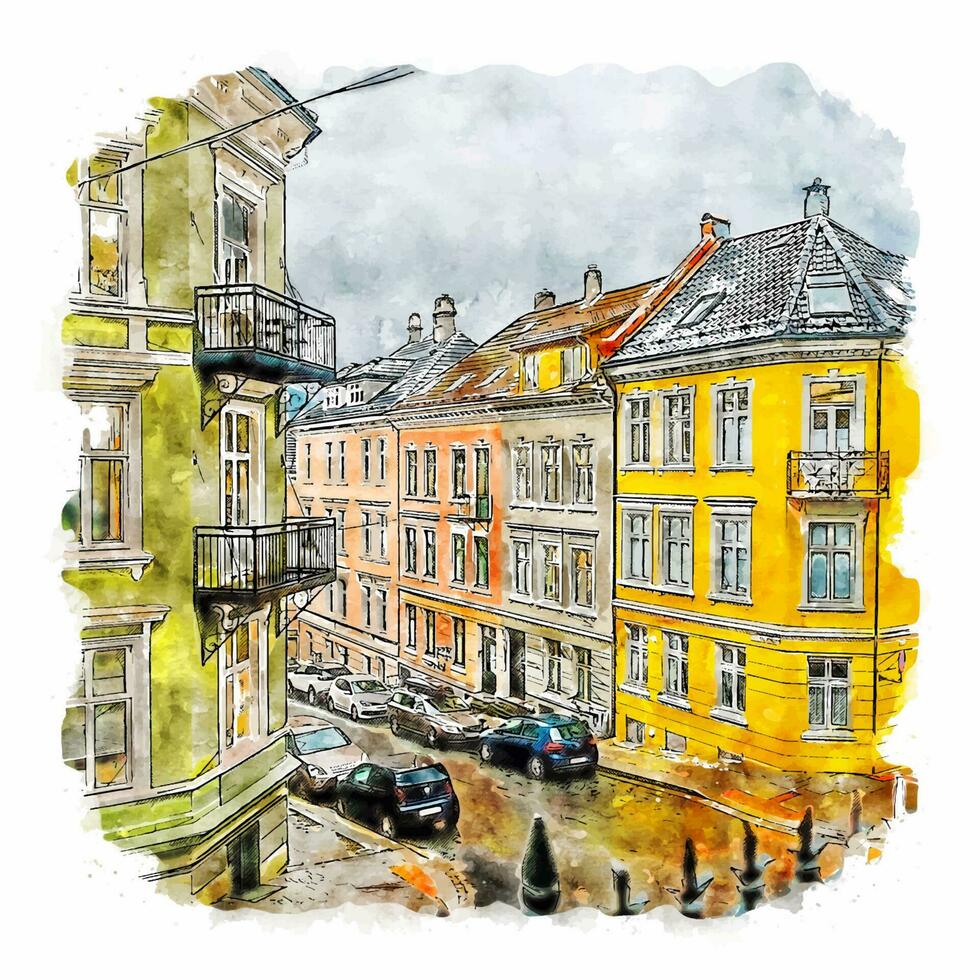 bergen hordaland aquarellskizze handgezeichnete illustration vektor