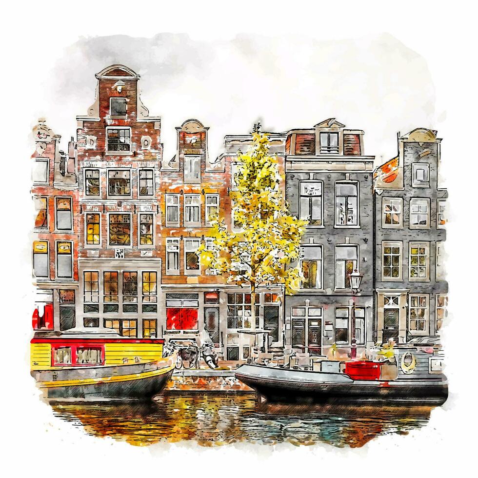 amsterdam nederländerna akvarell skiss handritad illustration vektor