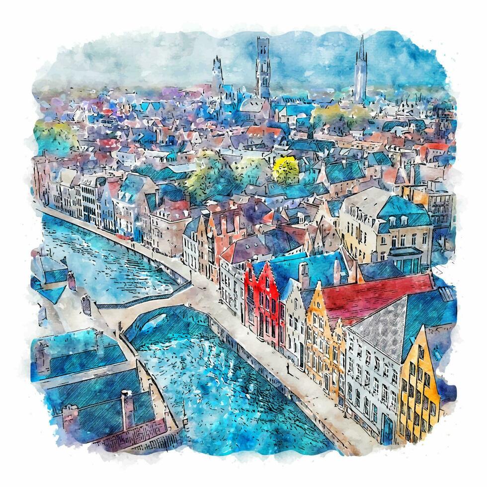 Brugge Belgien akvarell skiss handritad illustration vektor