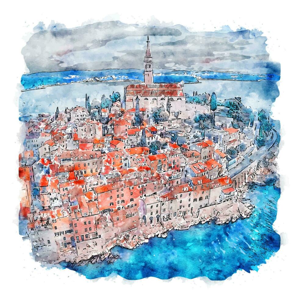 rovinj kroatien vattenfärg skiss hand dragen illustration vektor