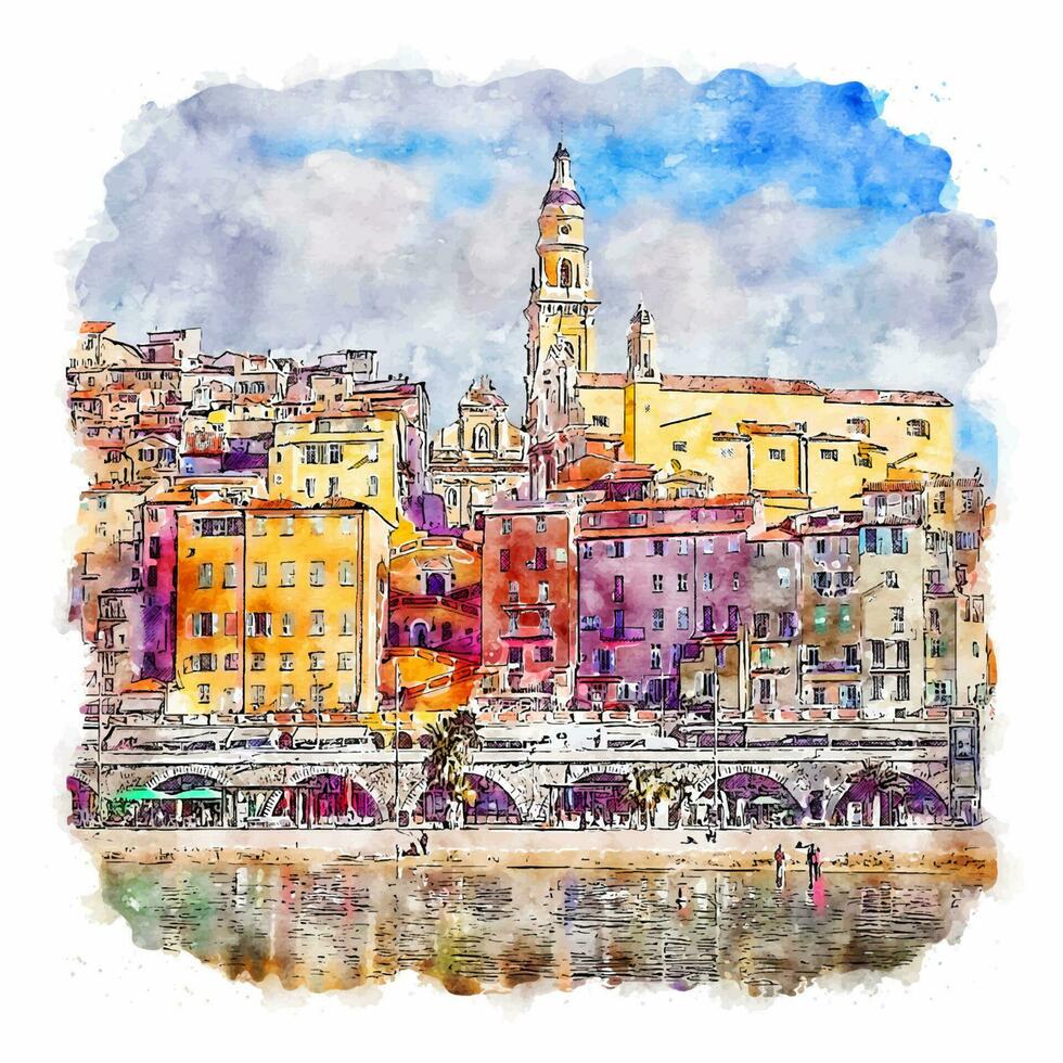 menton frankreich aquarellskizze handgezeichnete illustration vektor