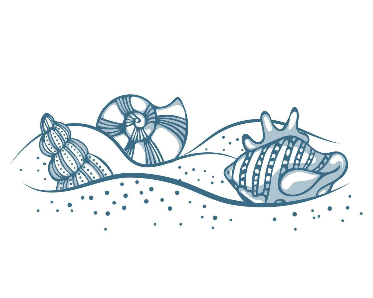Hand gezeichnet Meer Muscheln auf das Sand. Illustration von Blau Muscheln auf ein Weiß Hintergrund. Vektor