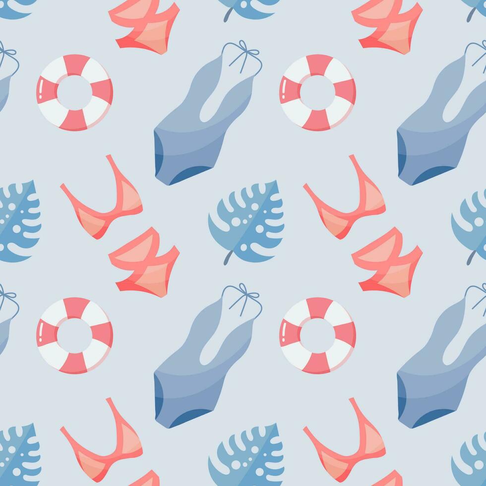nahtlos Muster, gezeichnet Damen Bikini Badebekleidung und Rettungsringe auf ein Blau Hintergrund. Reise Hintergrund, drucken, Vektor