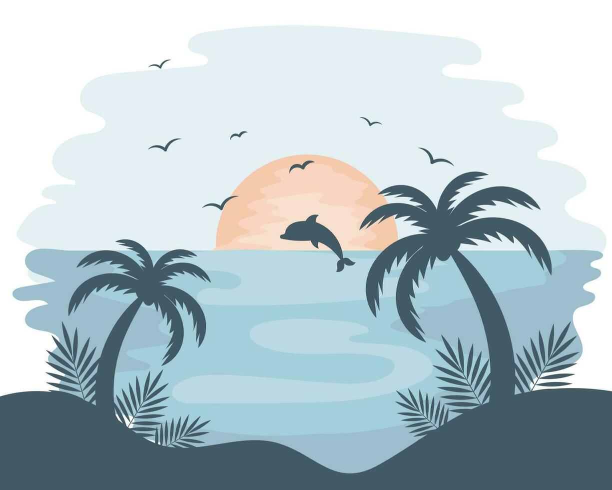 tropisk hav solnedgång med handflatan träd, delfin och seagulls på en vattenfärg bakgrund. illustration, ikon, vektor