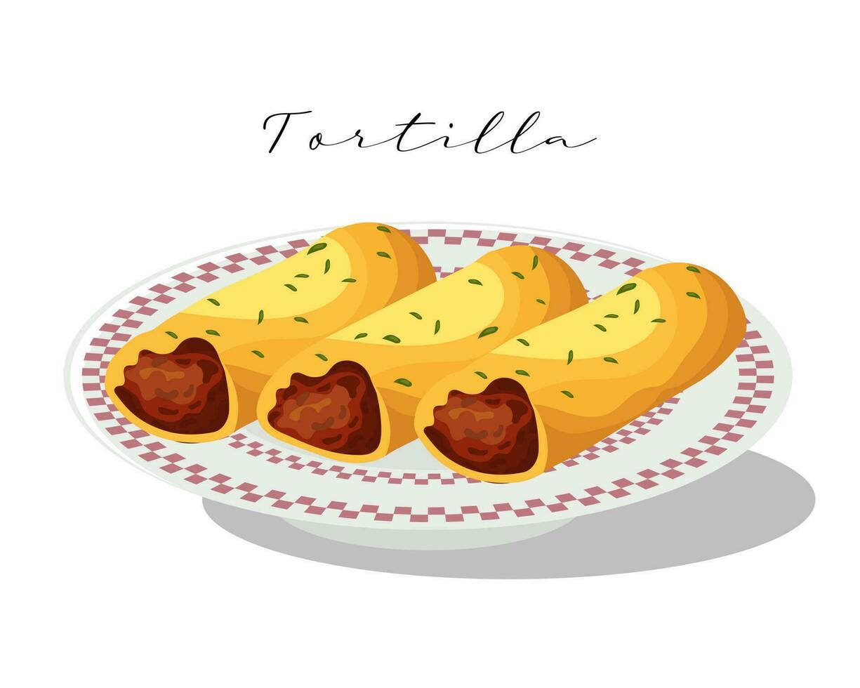 tortilla med kött och grönsaker på en tallrik, latin amerikan kök. nationell kök av Mexiko. mat illustration, vektor