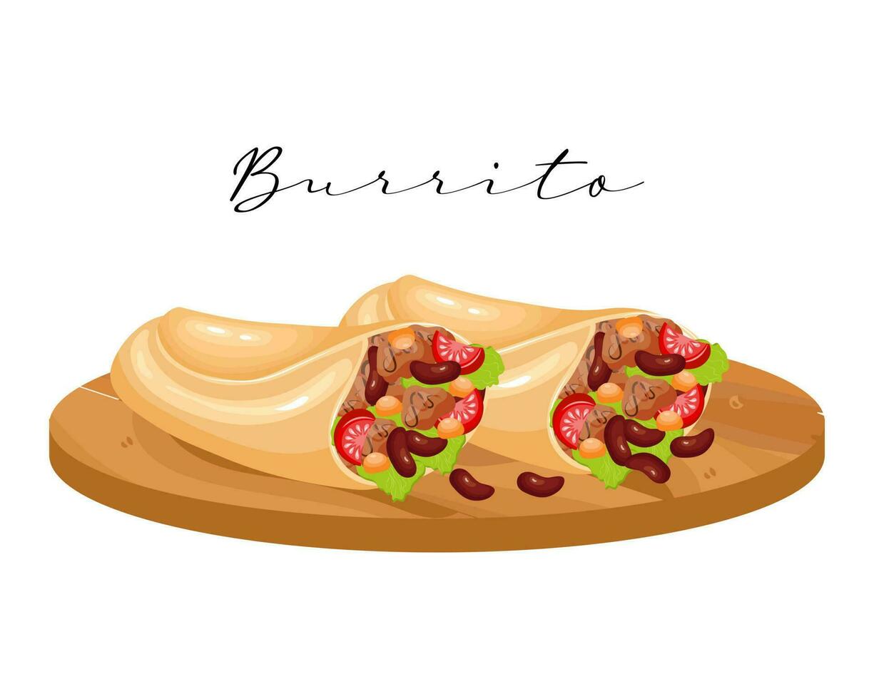 burrito, tortillas mit fleisch und bohnen auf einem holztablett, lateinamerikanische küche. Nationale Küche von Mexiko. Lebensmittelillustration, Vektor