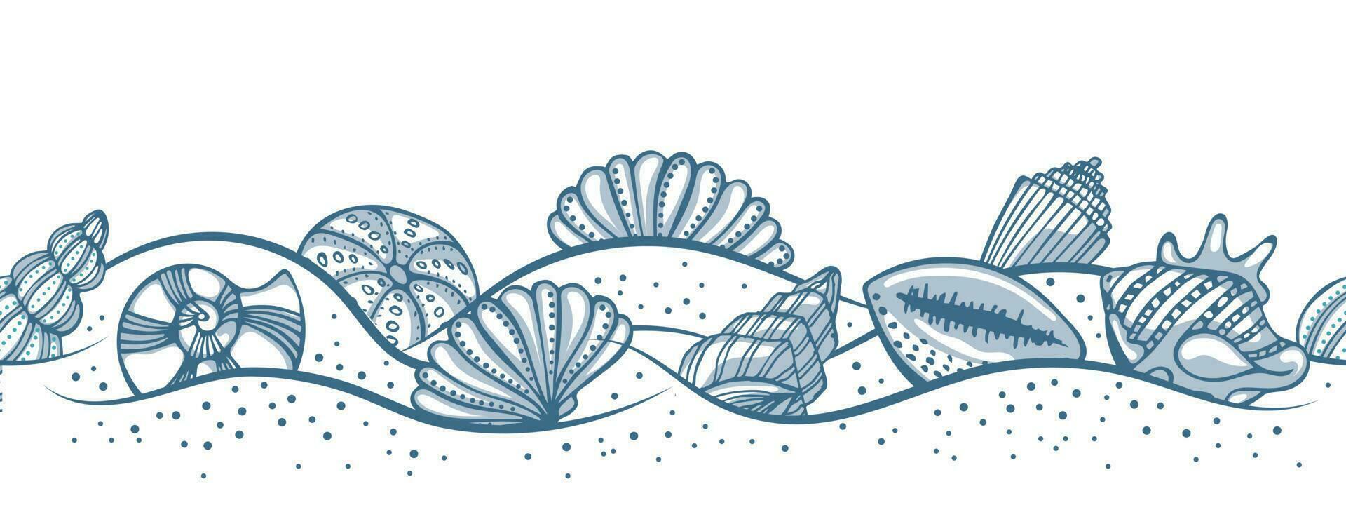 Hand gezeichnet Meer Muscheln auf das Sand. Illustration von Blau Muscheln auf ein Weiß Hintergrund. Vektor