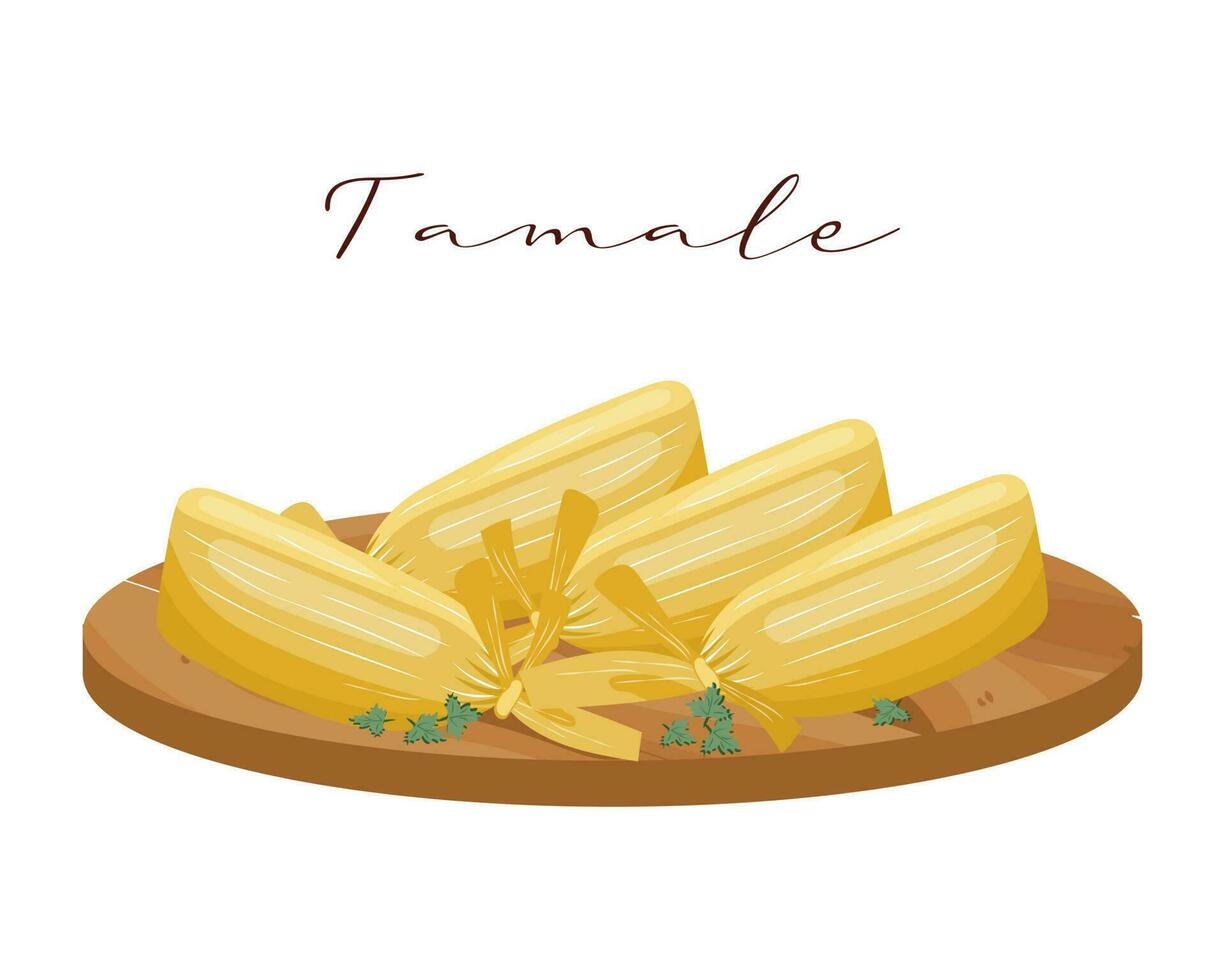 tamale, teig mit fleisch in maisblättern auf einer tonplatte, lateinamerikanische küche. Nationale Küche von Mexiko. Lebensmittelillustration, Vektor