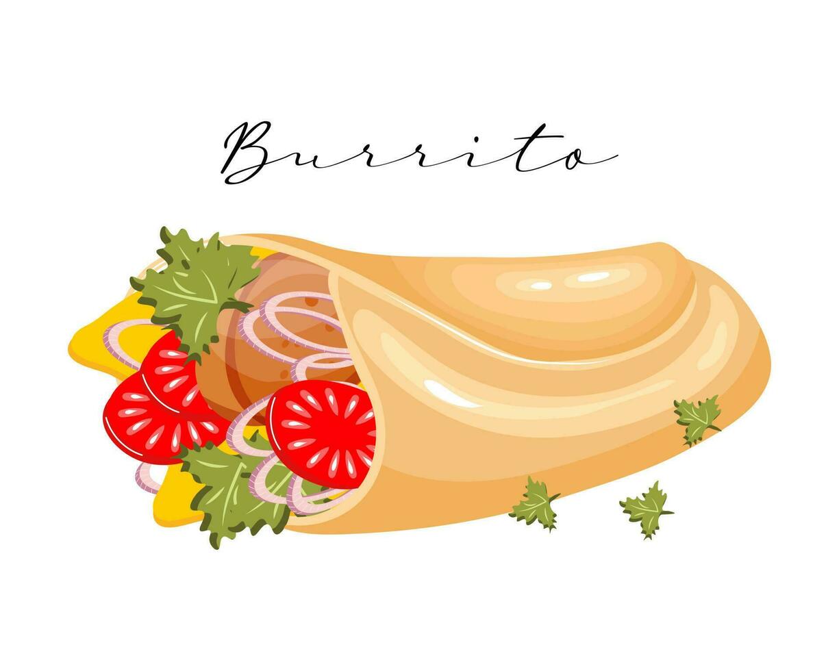 Burrito, Fladenbrot mit Fleisch und Gemüse, lateinamerikanische Küche. Nationale Küche von Mexiko. Lebensmittelillustration, Vektor