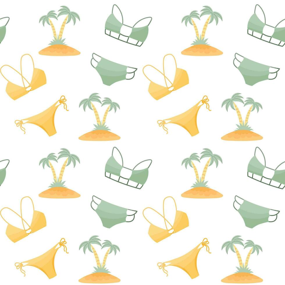 nahtlos Muster, gezeichnet Damen Badebekleidung und Palme Bäume auf ein Weiß Hintergrund. Reise Hintergrund, drucken, Vektor