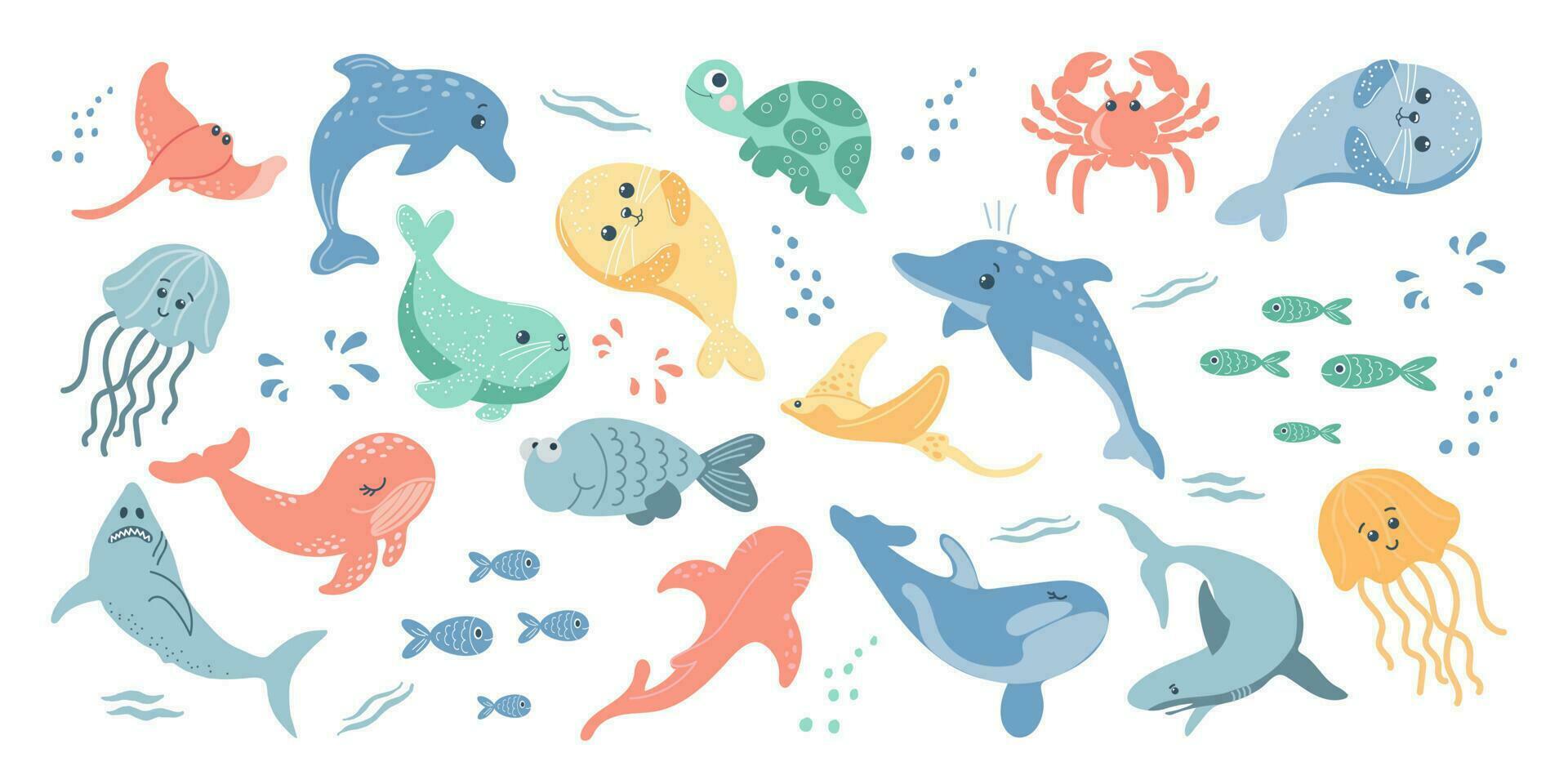 samling av färgrik fiskar och hav djur. ikoner i tecknad serie stil för barn, vektor