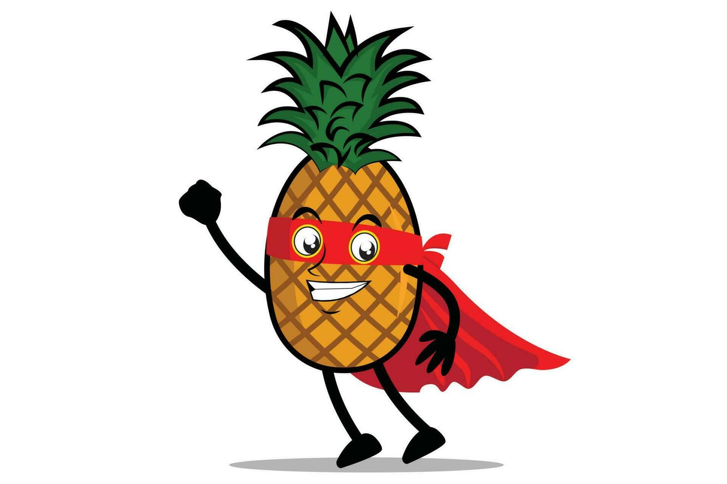 ananas maskot som en superhjälte bär en dölja och kostym, redo till ta flyg vektor