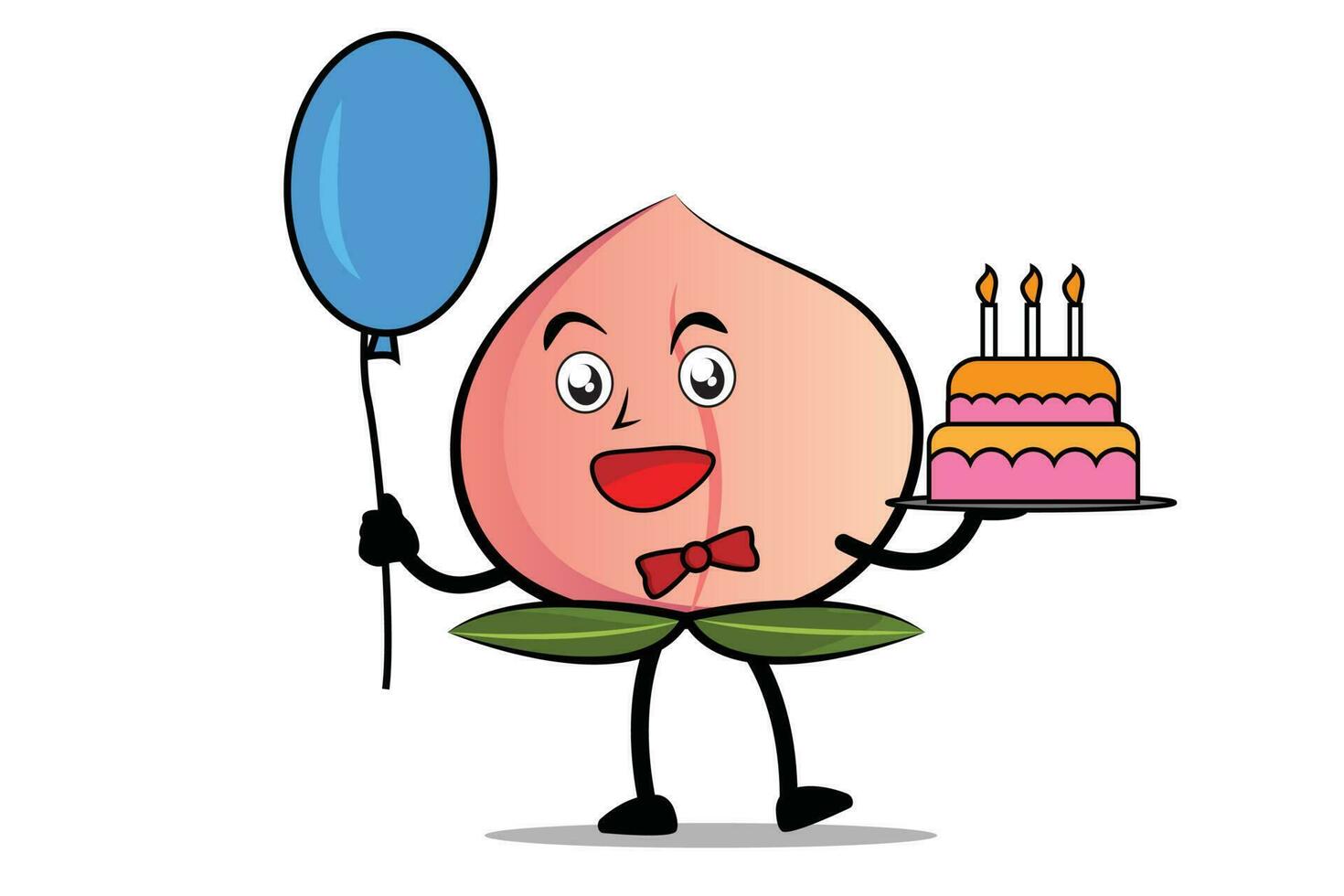 persika tecknad serie maskot eller karaktär innehav ballonger och födelsedag kaka på födelsedag firande händelse vektor