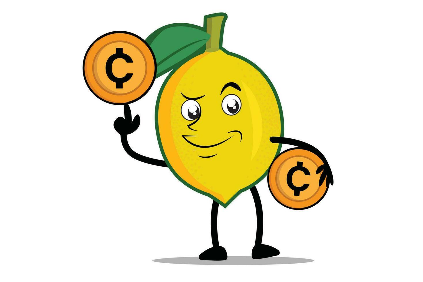 Zitrone Karikatur Maskottchen oder Charakter halten Krypto Münzen, Digital Münzen oder Digital Geld vektor