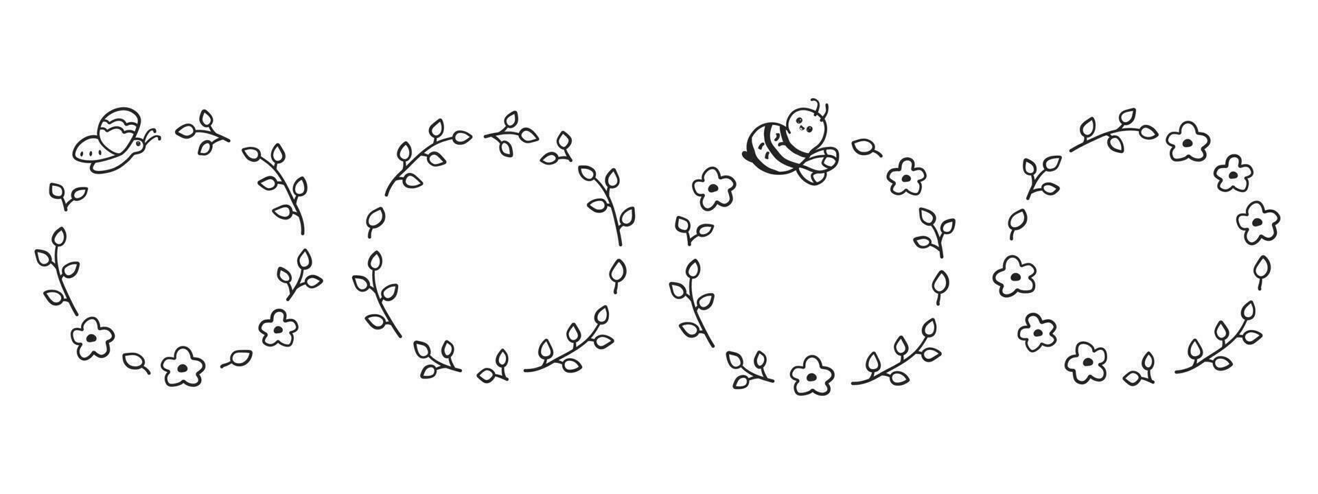 cirkel gränser i klotter stil. söt runda ramar med löv, blommor, fjäril och bi isolerat på vit bakgrund. vektor