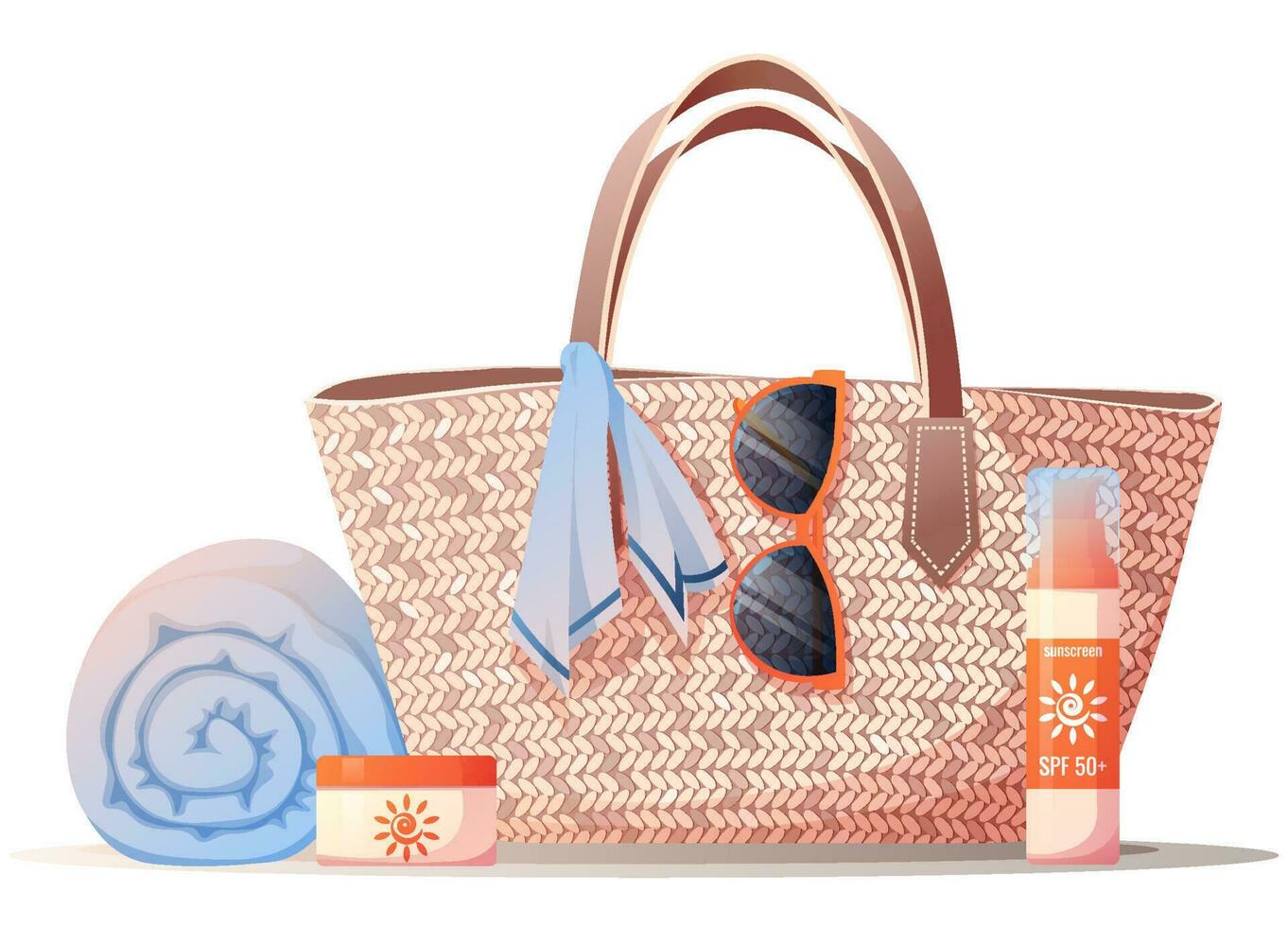 Stroh Tasche, Handtuch, Sonnencreme, Sonnenbrille. Strand Ausrüstung zum entspannend auf das Strand. Sommer Illustration. vektor