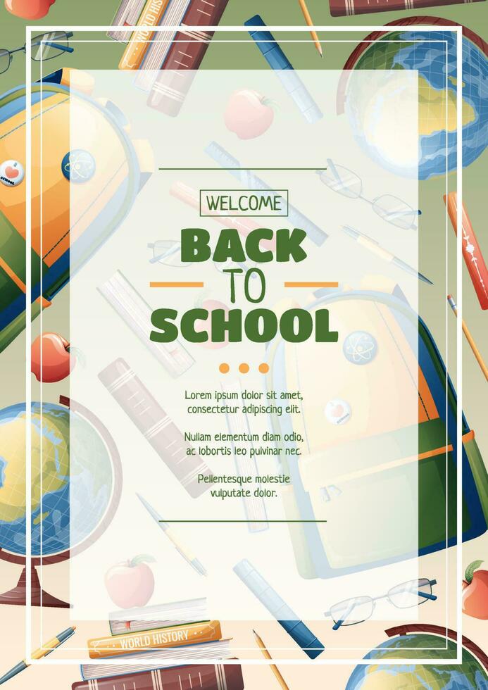 Flyer Design mit Schule Rucksack, Globus und Lehrbücher. Schule Zeit, zurück zu Schule, Bildung. Flyer, Poster, Banner Größe ein 4 vektor