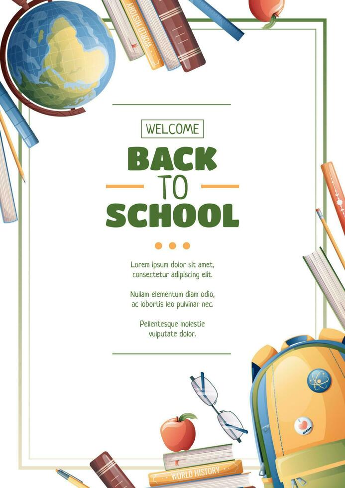 Flyer Design mit Schule Rucksack, Globus und Lehrbücher. Schule Zeit, zurück zu Schule, Bildung. Flyer, Poster, Banner Größe ein 4 vektor