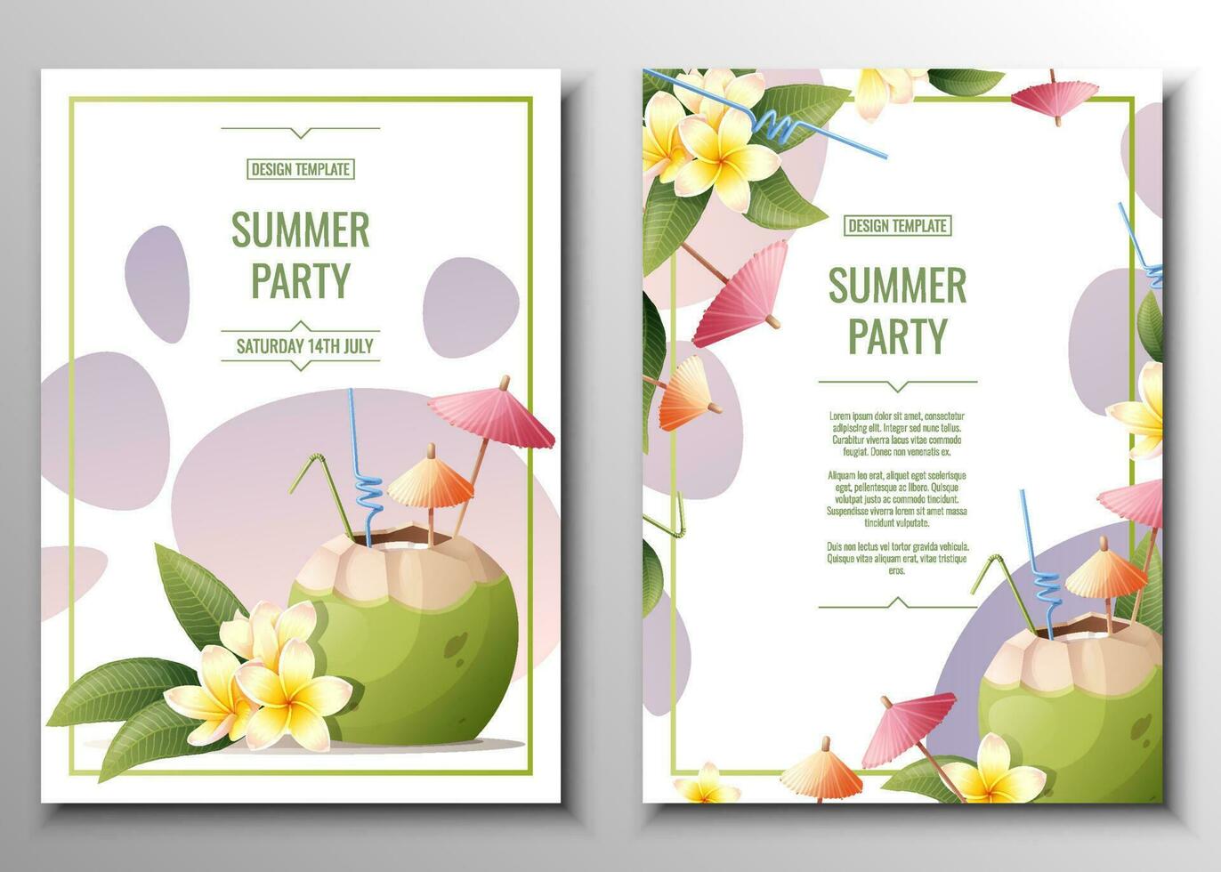 flygblad uppsättning med kokos cocktail, cocktail paraplyer och sugrör, frangipani blommor. sommar strand fest, bar, uppfriskande drycker. baner, flygblad, a4 affisch för reklam vektor