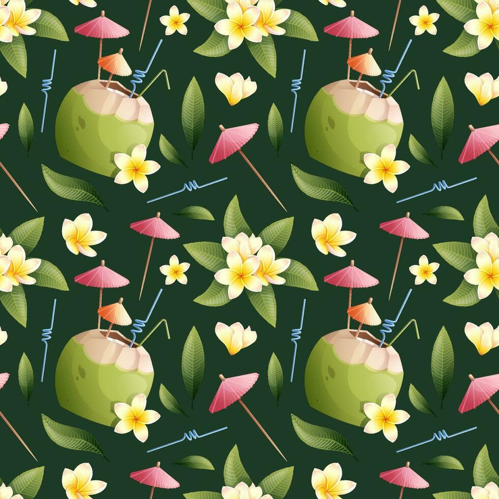 sommar sömlös mönster med tropisk frangipani blommor och kokos cocktail på en grön bakgrund. lämplig för tapet, tyg, papper, etc vektor
