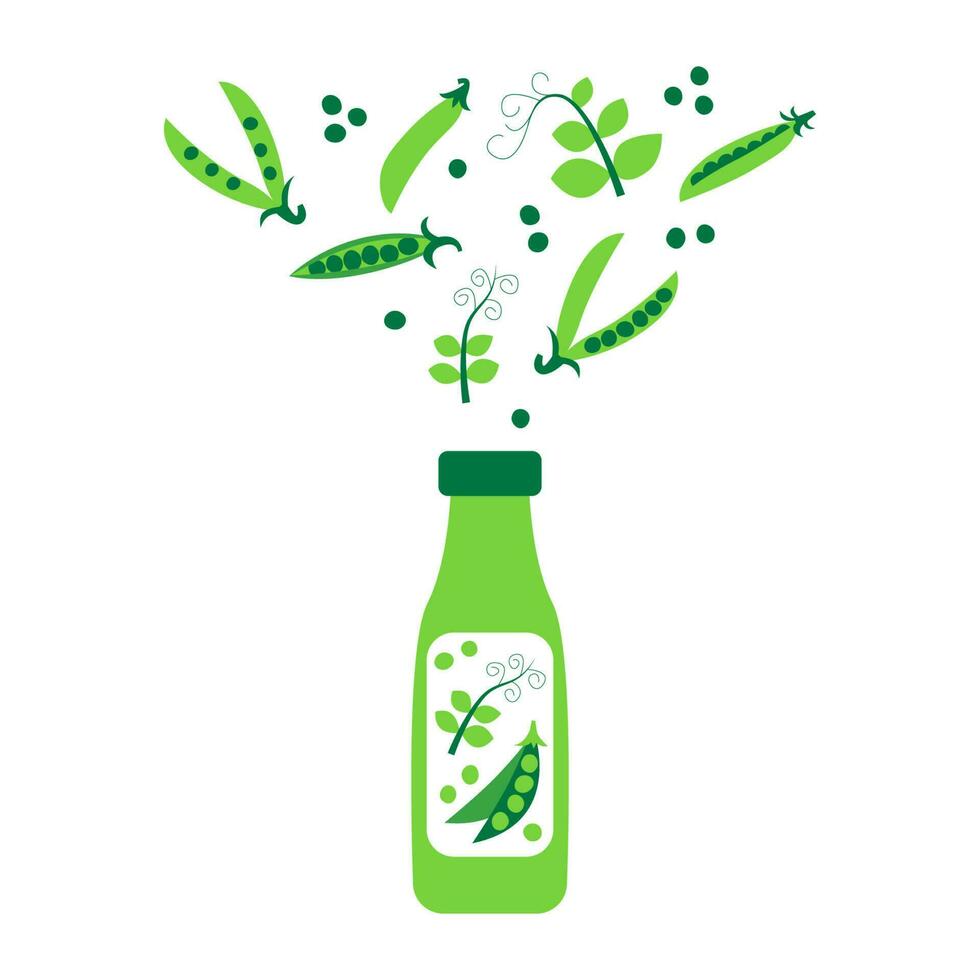 Flasche von Erbse Milch mit Pads und Blätter. Pflanze basierend vegan trinken Konzept. Molkerei kostenlos und nicht Laktose Getränk. Vektor eben Illustration.