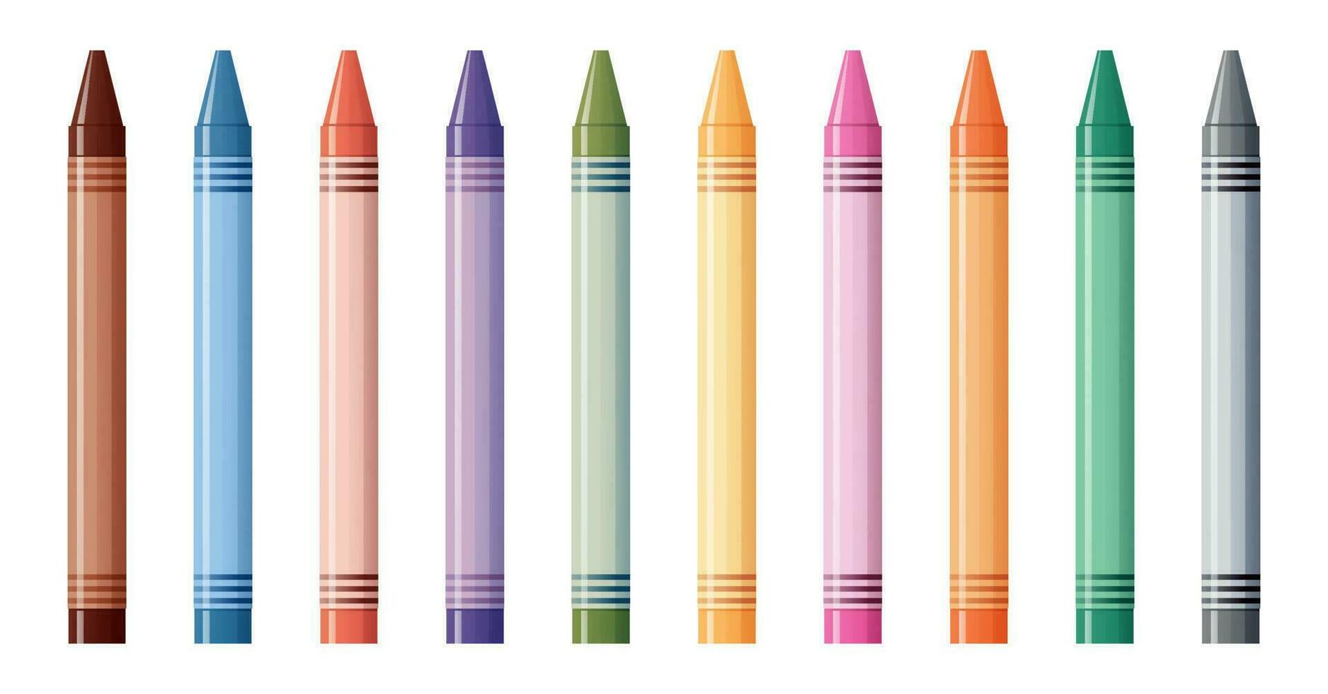 einstellen von Vektor farbig Wachs Buntstifte isoliert auf Weiß Hintergrund. Schule Lieferungen, Schreibwaren, Kreativität, Hobby, Kunst Werkzeug.