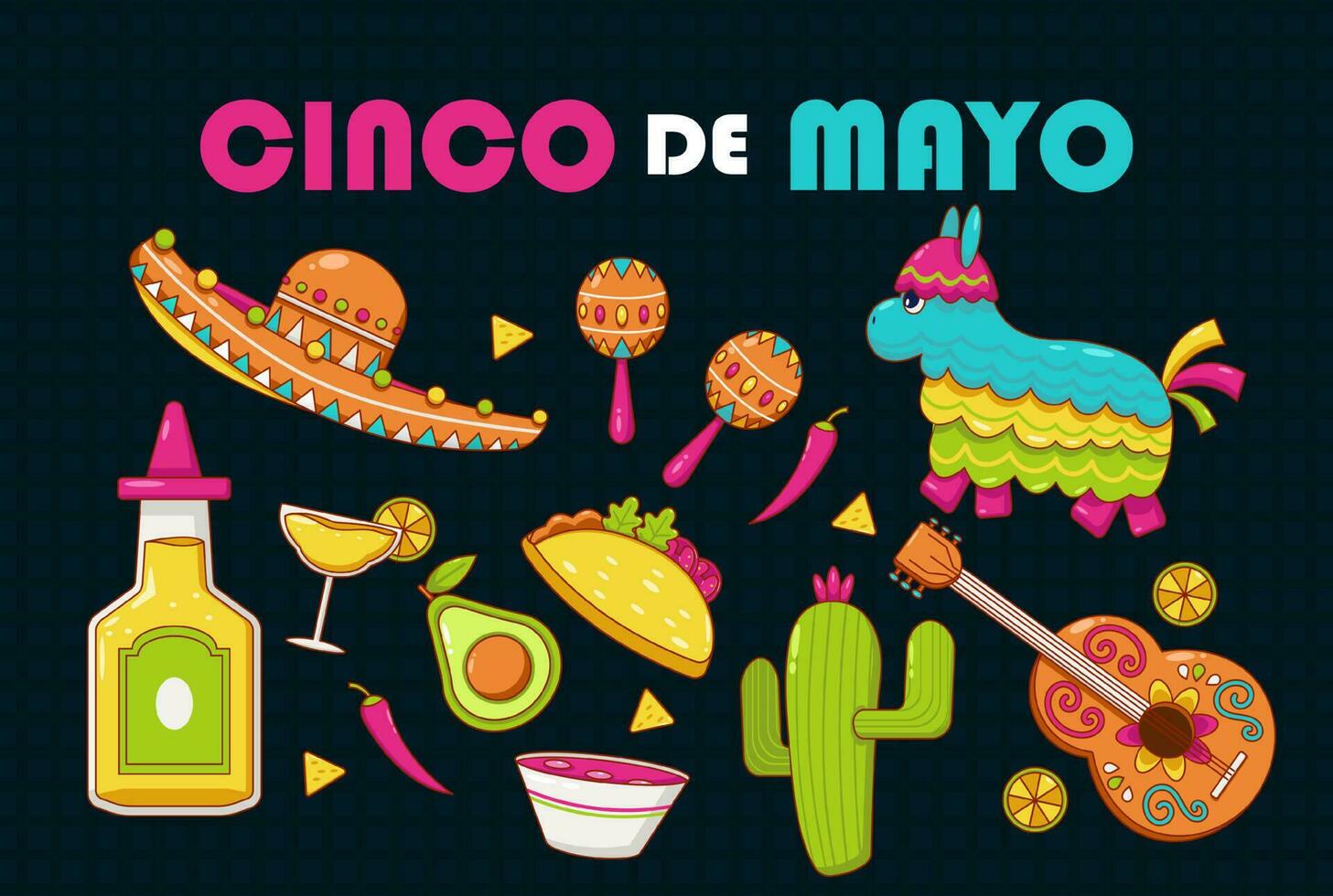 cinco de majonnäs, en statlig Semester i Mexiko. fiesta affisch och vektor baner design element med gitarr, kaktus, hatt, pinata, tequila och taco